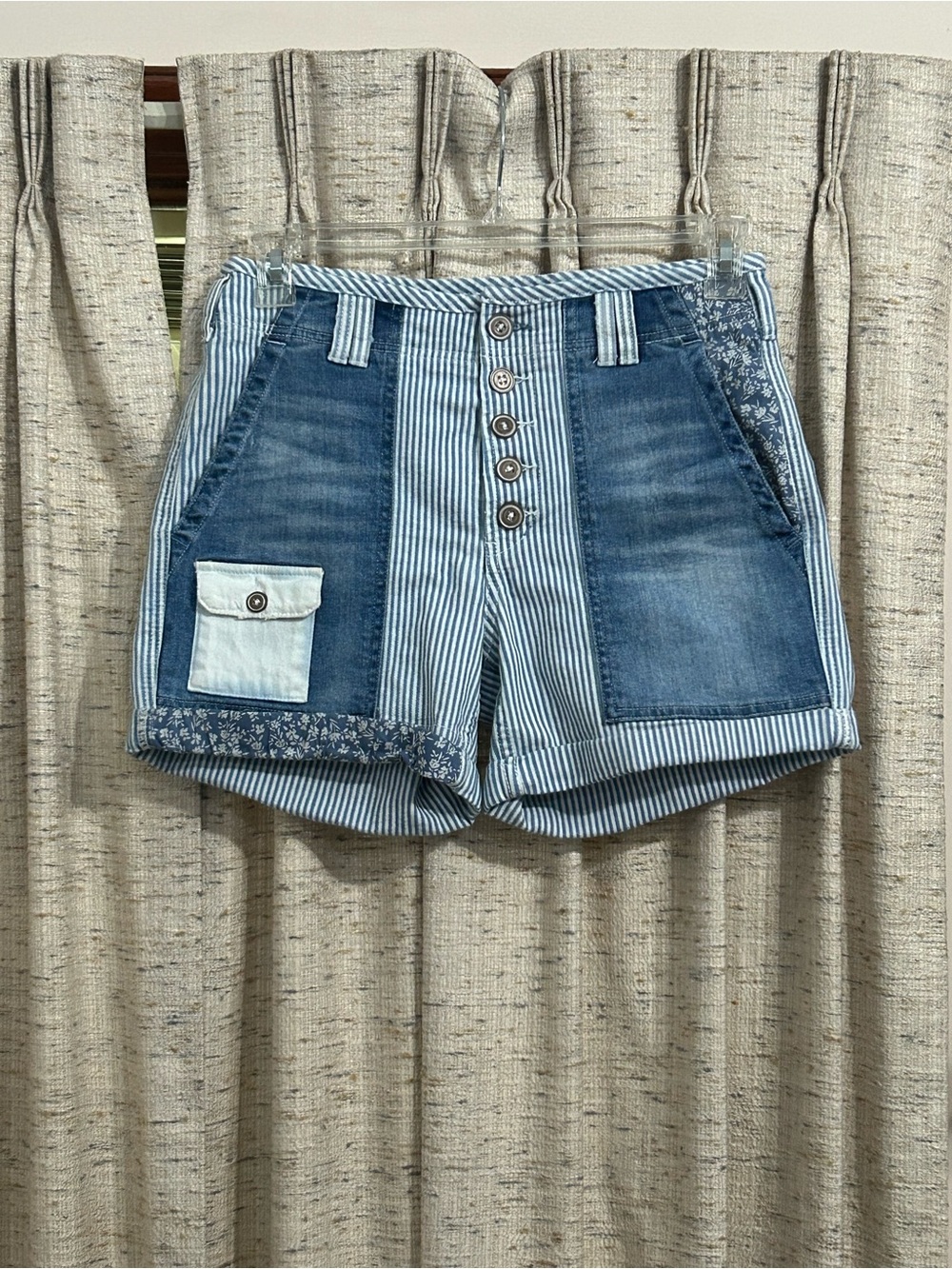 Anthropologie Pilcro Striped & Patchwork Button Fly Blue Denim Cuff Shorts 27